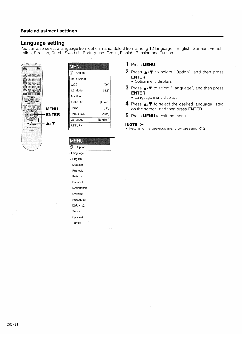 Language setting | Pioneer PDP-503HDE User Manual | Page 34 / 196