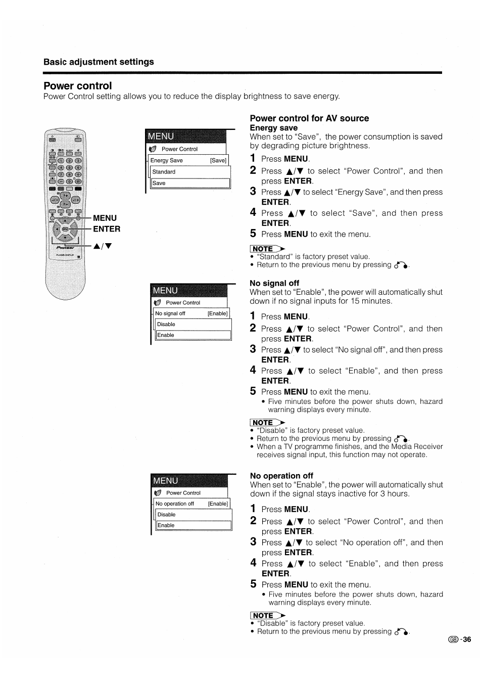 Power control, Power control for av source energy save, Power control for av source | Pioneer PDP-503HDE User Manual | Page 39 / 196