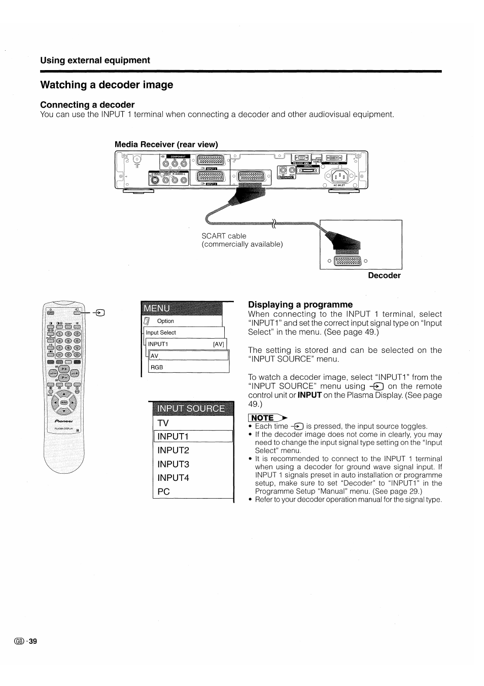 Watching a decoder image, Connecting a decoder, Displaying a programme | Pioneer PDP-503HDE User Manual | Page 42 / 196