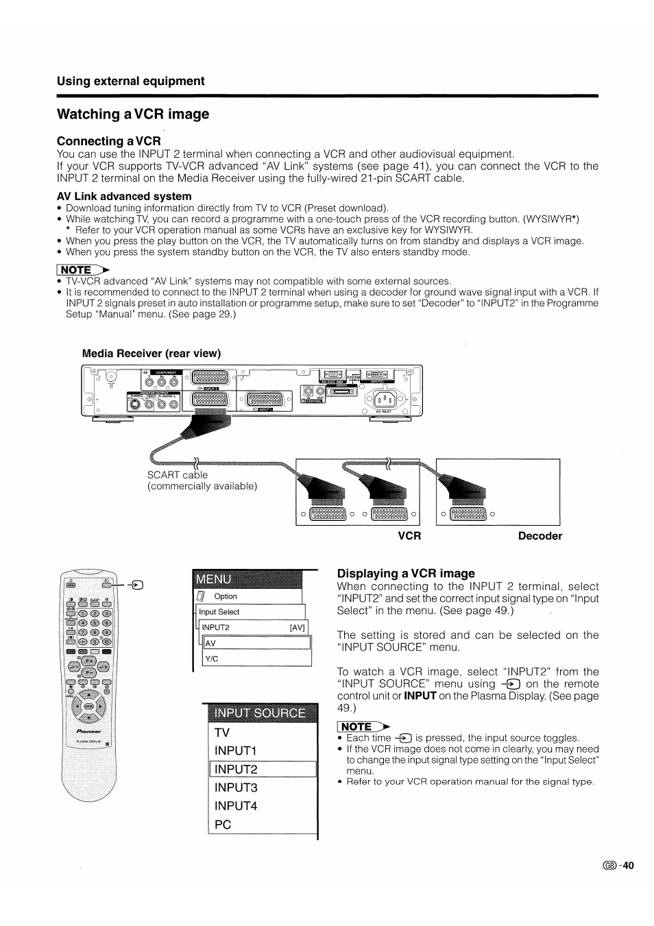 Watching a vcr image, Connecting a vcr, Displaying a vcr image | Pioneer PDP-503HDE User Manual | Page 43 / 196