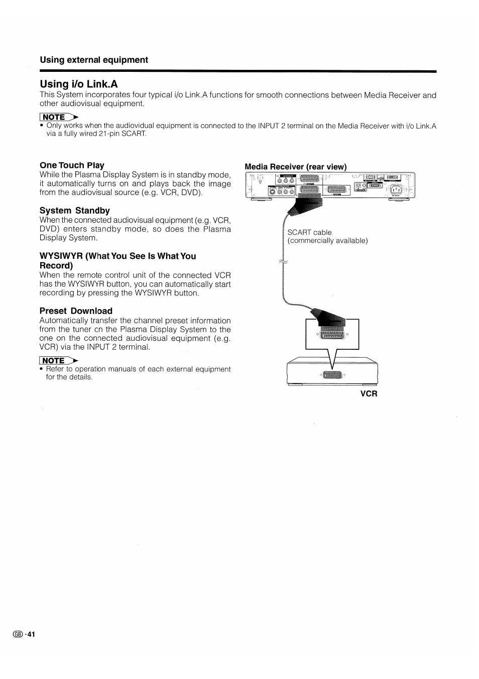 Using i/o link.a, One touch play, System standby | Wysiwyr (what you see is what you record), Preset download | Pioneer PDP-503HDE User Manual | Page 44 / 196