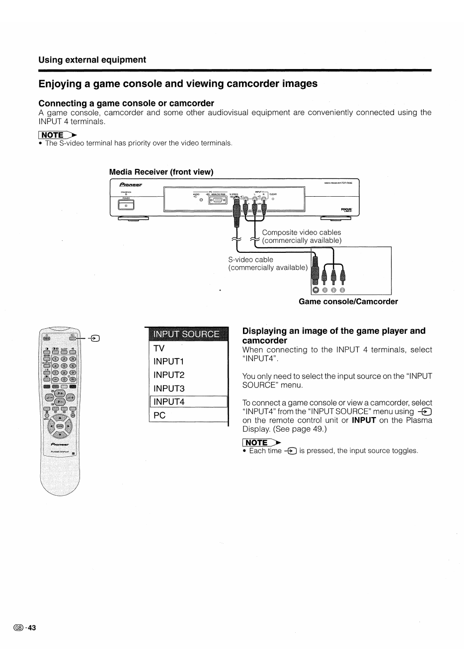 Connecting a game console or camcorder | Pioneer PDP-503HDE User Manual | Page 46 / 196