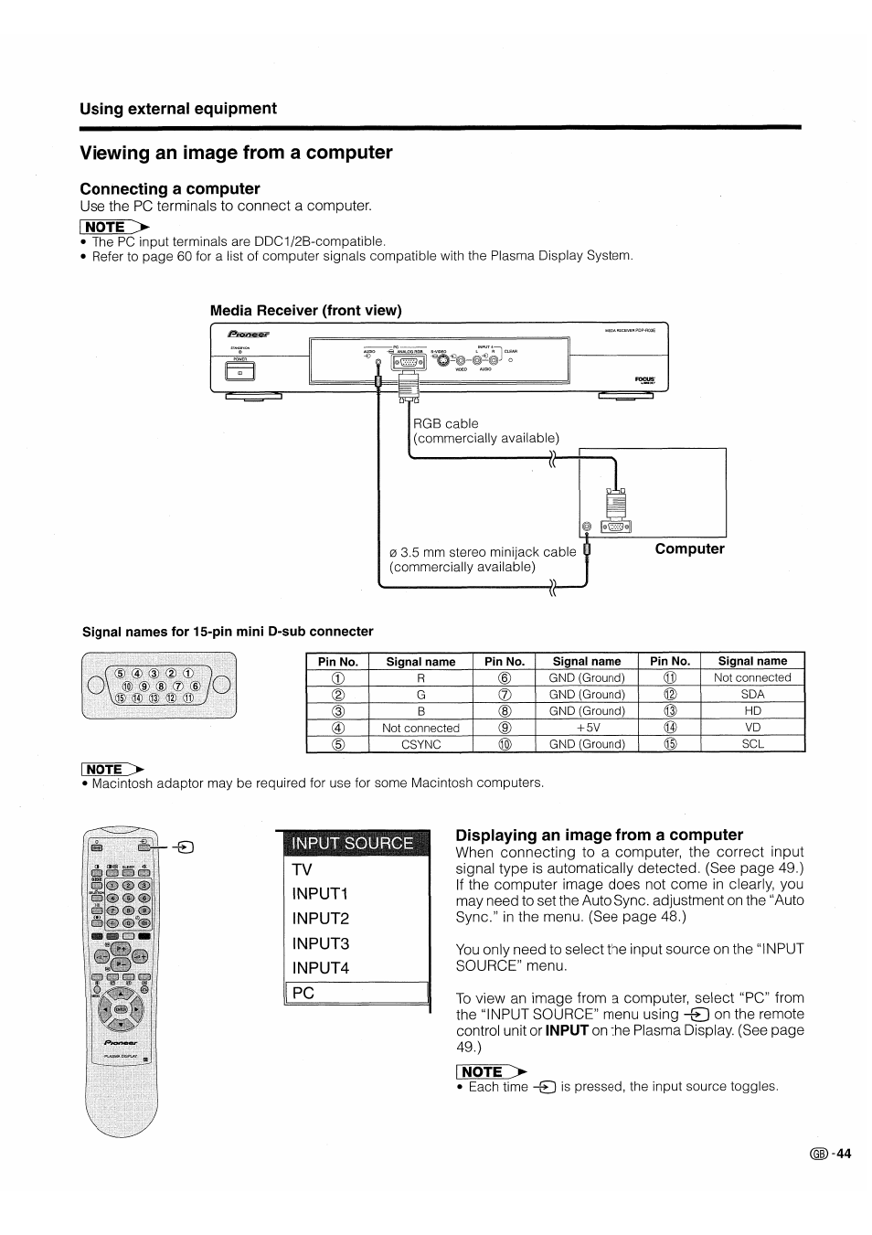 Viewing an image from a computer, Connecting a computer, Displaying an image from a computer | Pioneer PDP-503HDE User Manual | Page 47 / 196