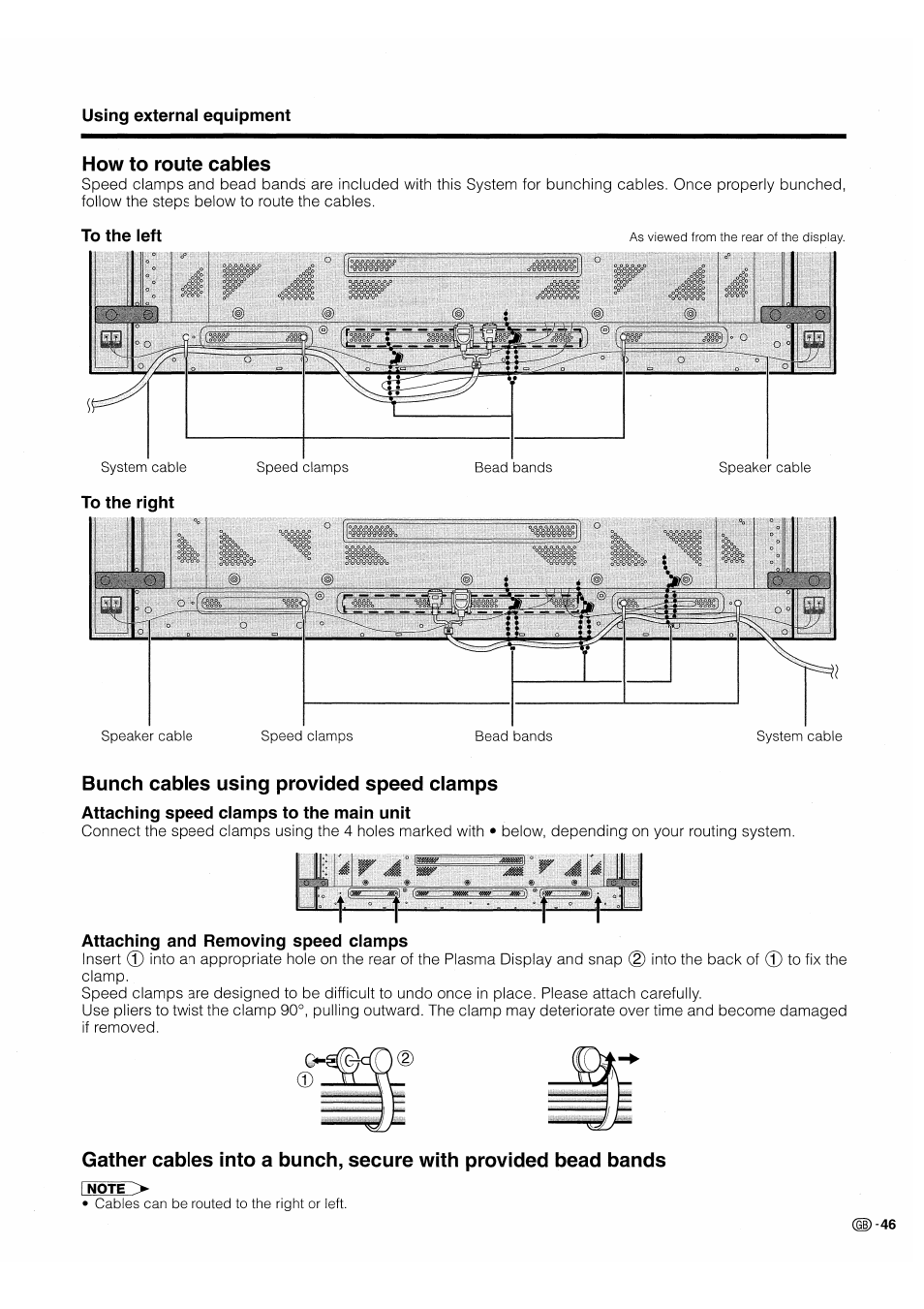 How to route cables, To the left, To the right | Bunch cables using provided speed clamps, Attaching speed clamps to the main unit, Attaching and removing speed clamps | Pioneer PDP-503HDE User Manual | Page 49 / 196