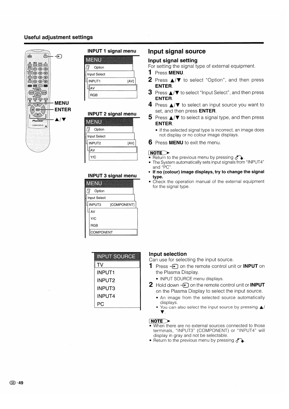 Input 1 signal menu input signal source, Input signal setting, Input selection | Input, Signal source | Pioneer PDP-503HDE User Manual | Page 52 / 196