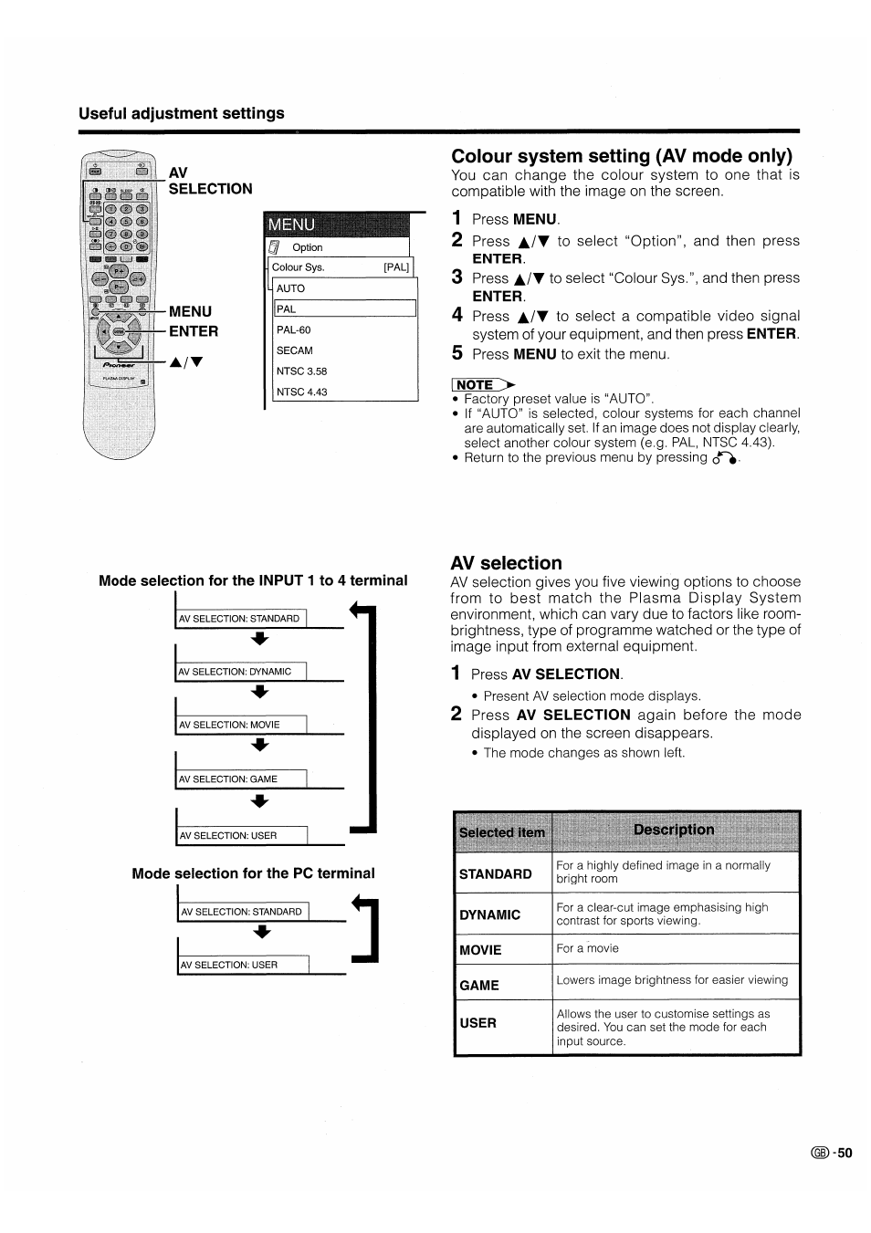 Colour system setting (av mode only), Av selection, Colour system setting (av mode only) av selection | Pioneer PDP-503HDE User Manual | Page 53 / 196