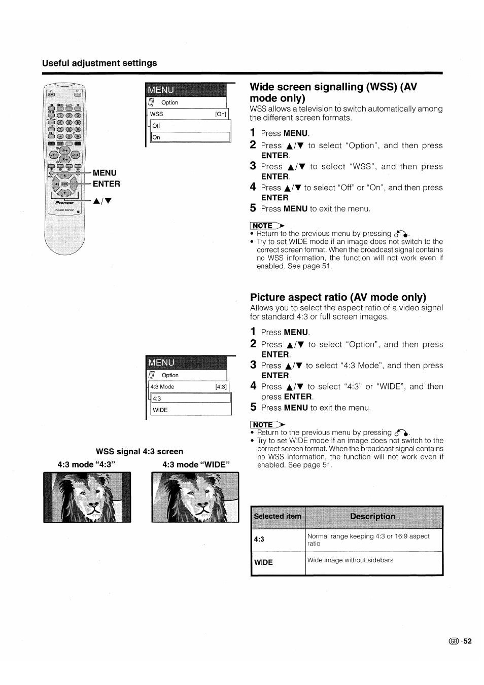 Wide screen signalling (wss) (av mode only), Picture aspect ratio (av mode only) | Pioneer PDP-503HDE User Manual | Page 55 / 196