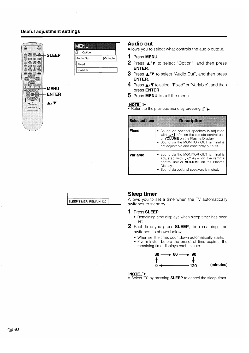 Audio out, Sleep timer | Pioneer PDP-503HDE User Manual | Page 56 / 196