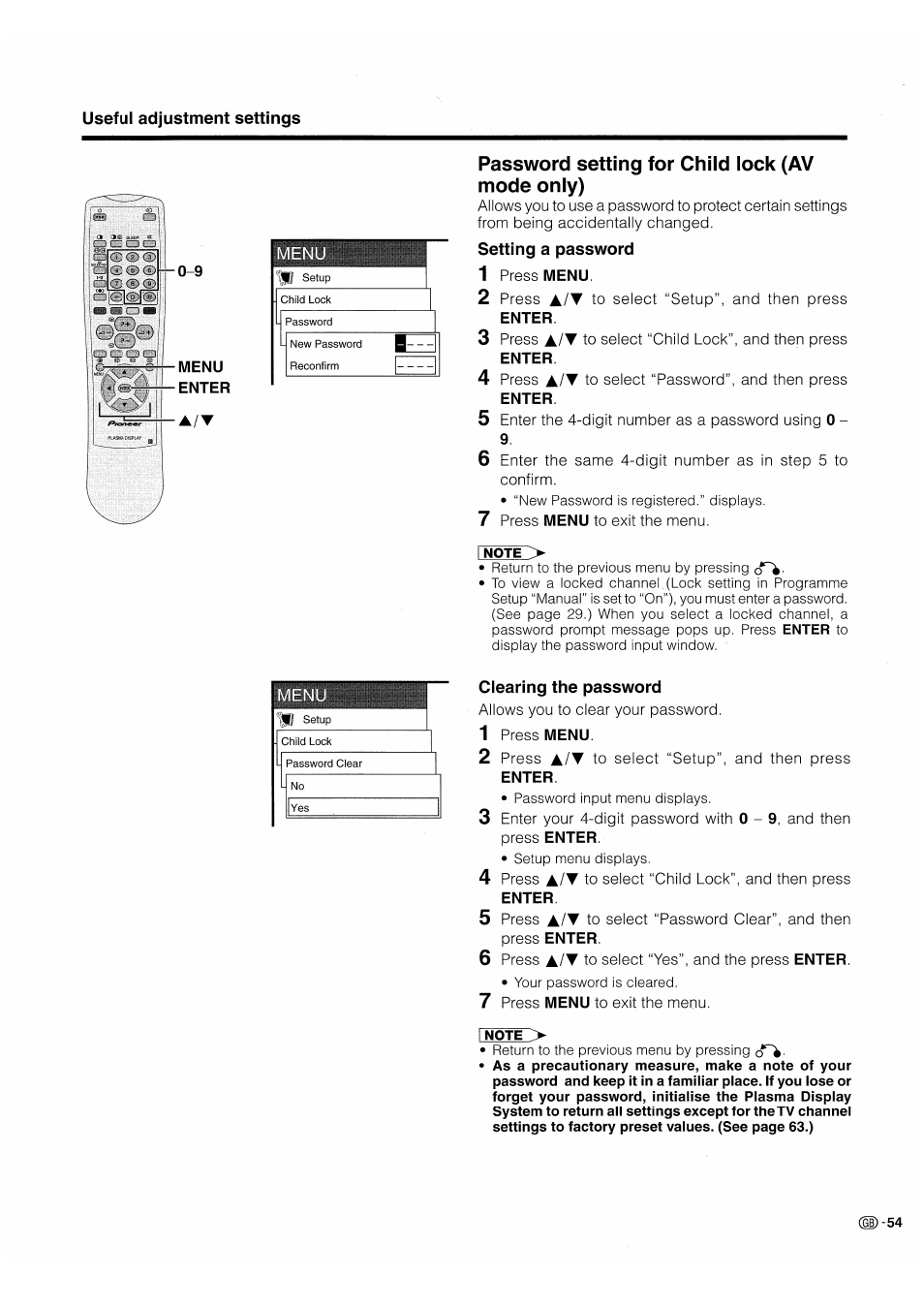 Password setting for child lock (av mode only), Setting a password, Clearing the password | Pioneer PDP-503HDE User Manual | Page 57 / 196