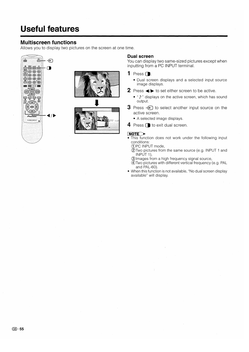 Useful features, Multiscreen functions, Dual screen | 1 press 3, 2 press to set either screen to be active, 4 press 3 to exit dual screen | Pioneer PDP-503HDE User Manual | Page 58 / 196