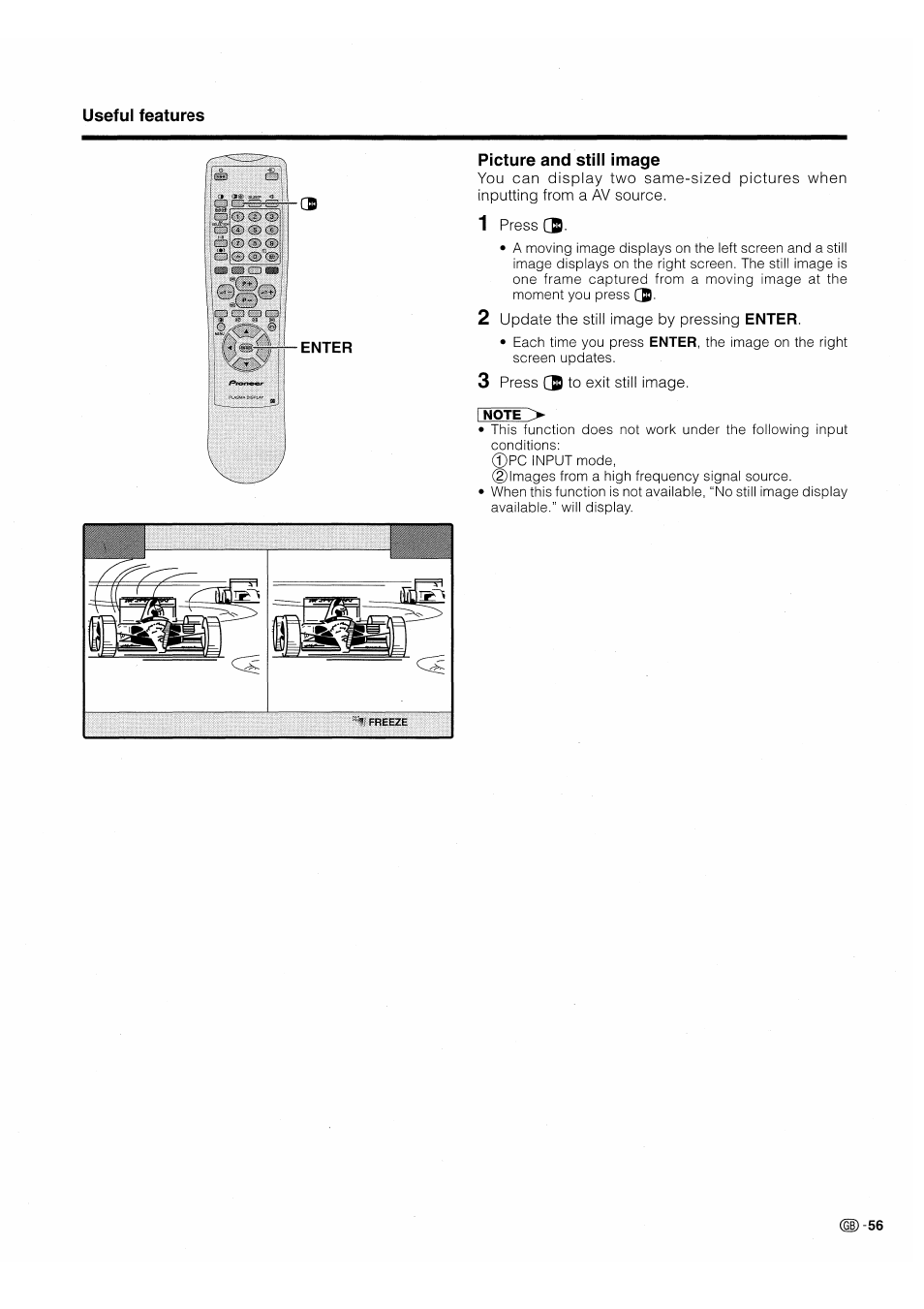 Picture and still image, You can display two same-sized pictures when, Inputting from a av source | 1 press cb, 2 update the still image by pressing enter, 3 press cb to exit still image | Pioneer PDP-503HDE User Manual | Page 59 / 196