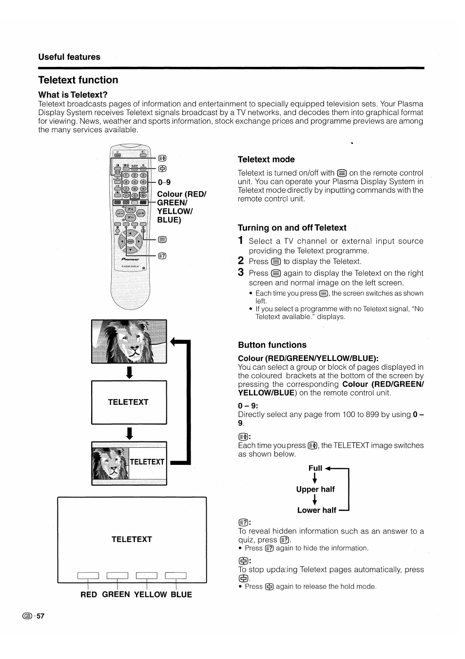 Teletext function, What is teletext, Teletext mode | Turning on and off teletext, Button functions | Pioneer PDP-503HDE User Manual | Page 60 / 196