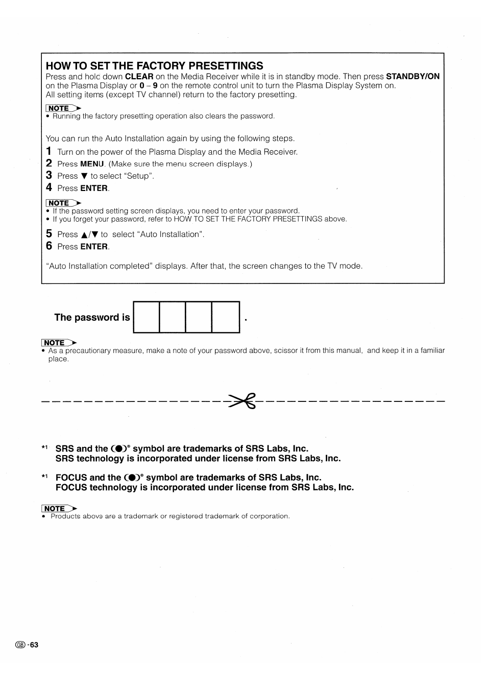 Howto set the factory presettings, The password is | Pioneer PDP-503HDE User Manual | Page 66 / 196