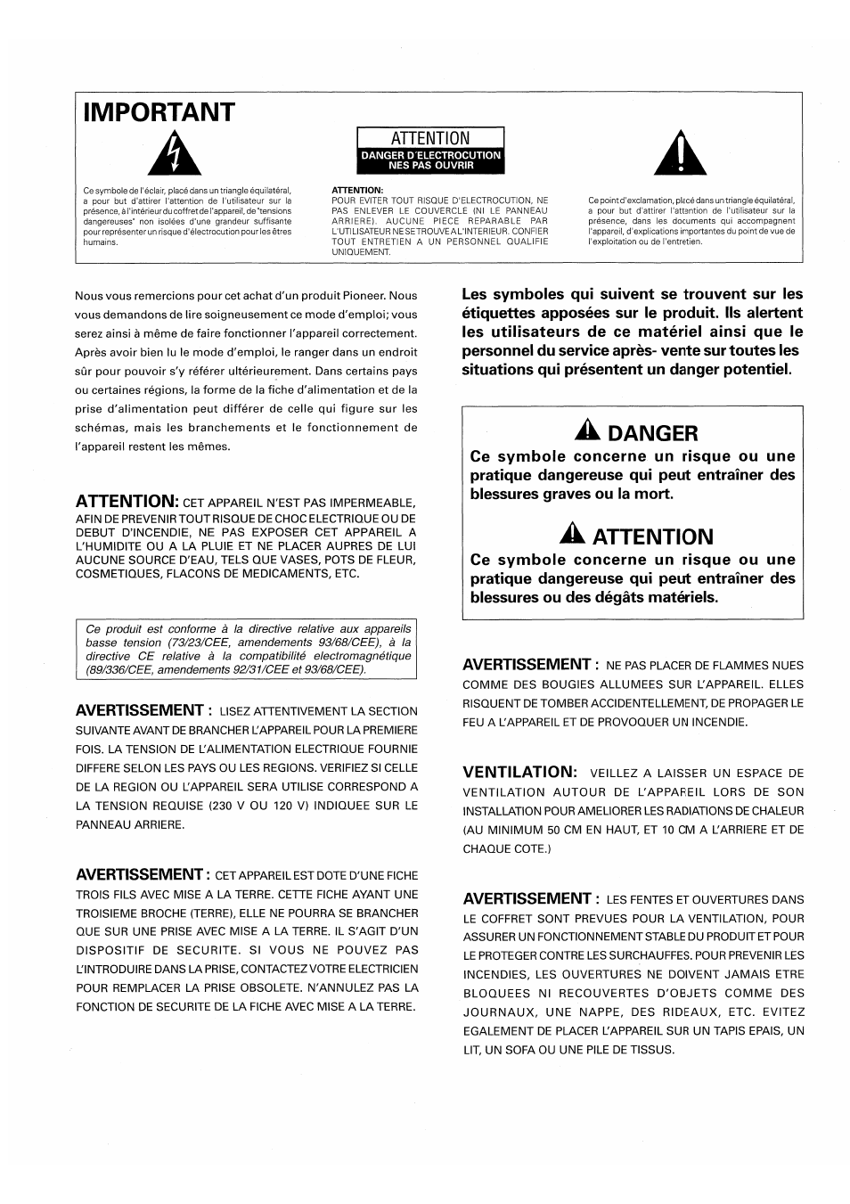 Important, Danger, Attention | Ahention | Pioneer PDP-503HDE User Manual | Page 67 / 196