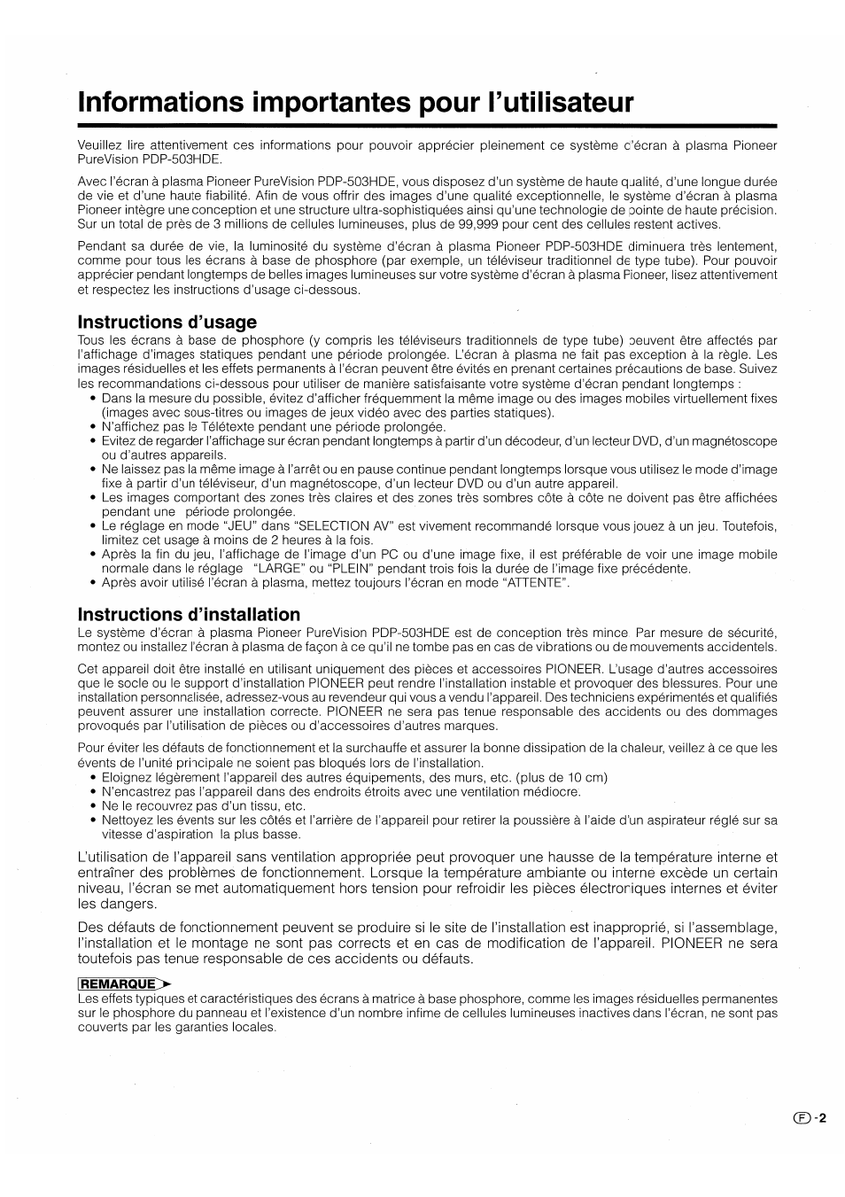 Informations importantes pour l’utilisateur, Instructions d’usage, Instructions d’installation | Pioneer PDP-503HDE User Manual | Page 69 / 196