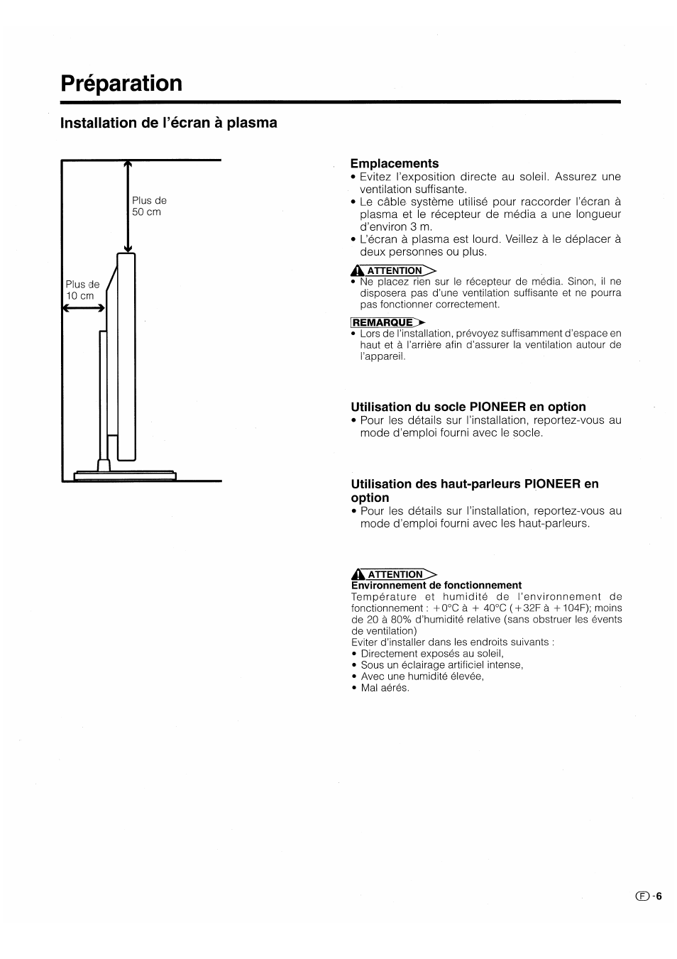 Préparation, Installation de l’écran à plasma, Emplacements | Utilisation du socle pioneer en option, Utilisation des haut-parleurs pioneer en option, Preparation, Installation de l’écran, Plasma | Pioneer PDP-503HDE User Manual | Page 73 / 196