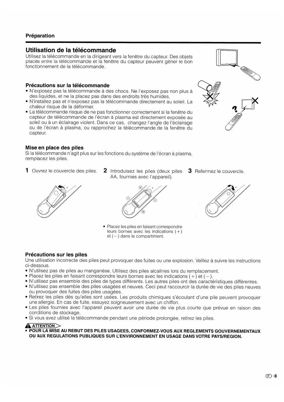 Utilisation de la télécommande, Précautions sur ia téiécommande, Mise en piece des piies | Précautions sur ies piies | Pioneer PDP-503HDE User Manual | Page 75 / 196