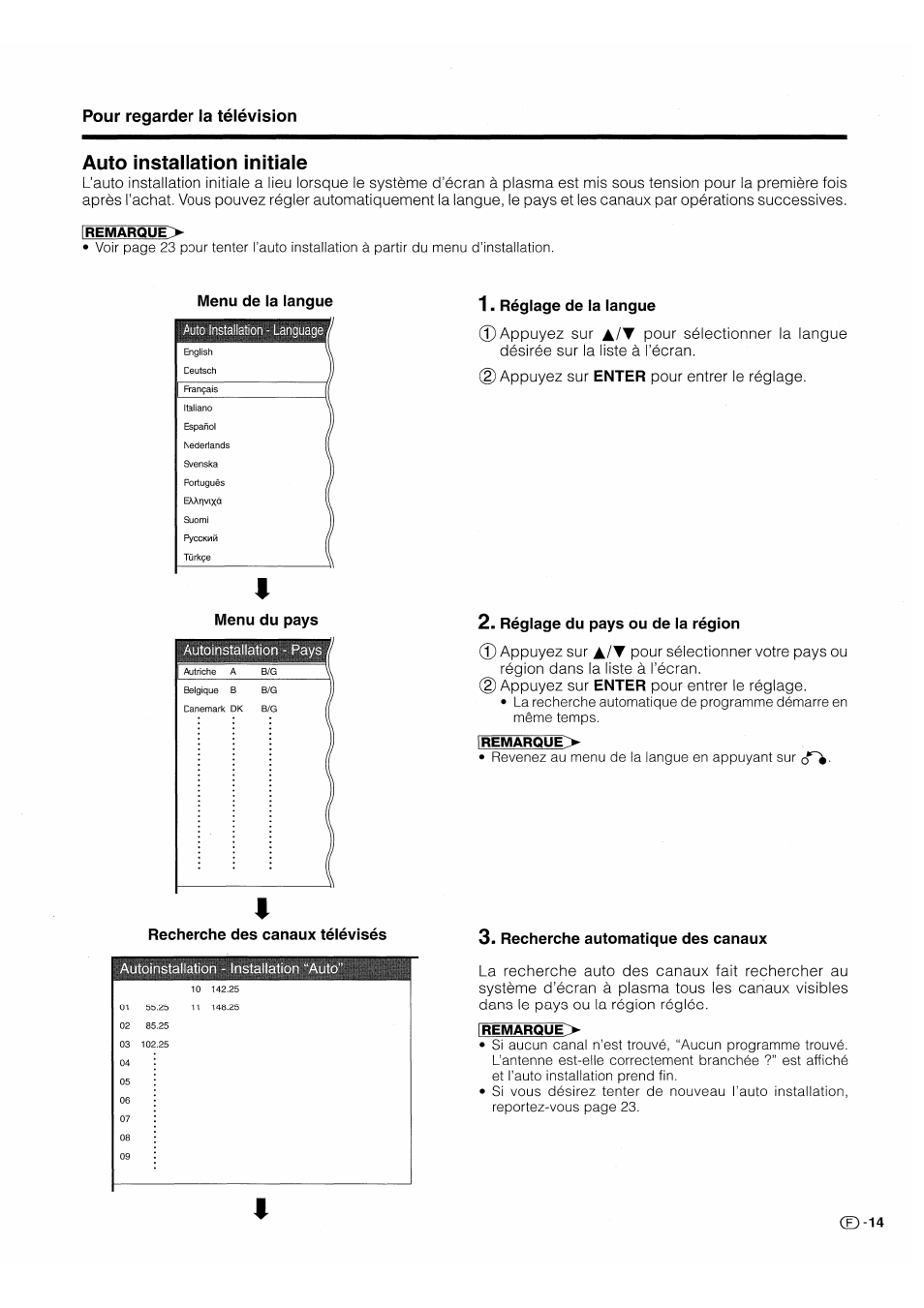 Auto installation initiale, Pour regarder la télévision, Menu de la langue | Menu du pays, Réglage de la langue, Enter, Réglage du pays ou de la région, Recherche des canaux télévisés, Recherche automatique des canaux | Pioneer PDP-503HDE User Manual | Page 81 / 196