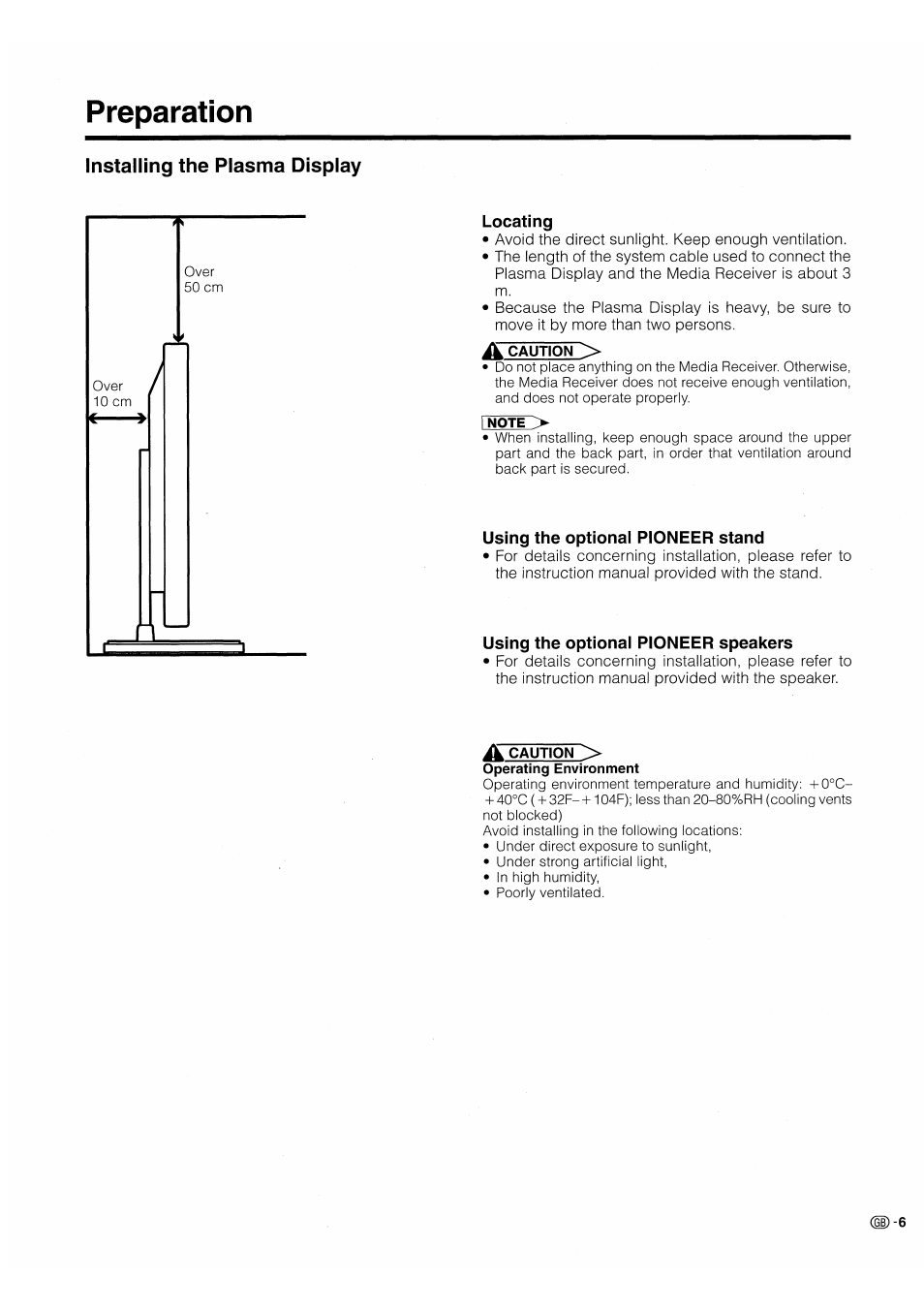 Preparation, Installing the plasma display, Locating | Using the optional pioneer stand, Using the optional pioneer speakers | Pioneer PDP-503HDE User Manual | Page 9 / 196