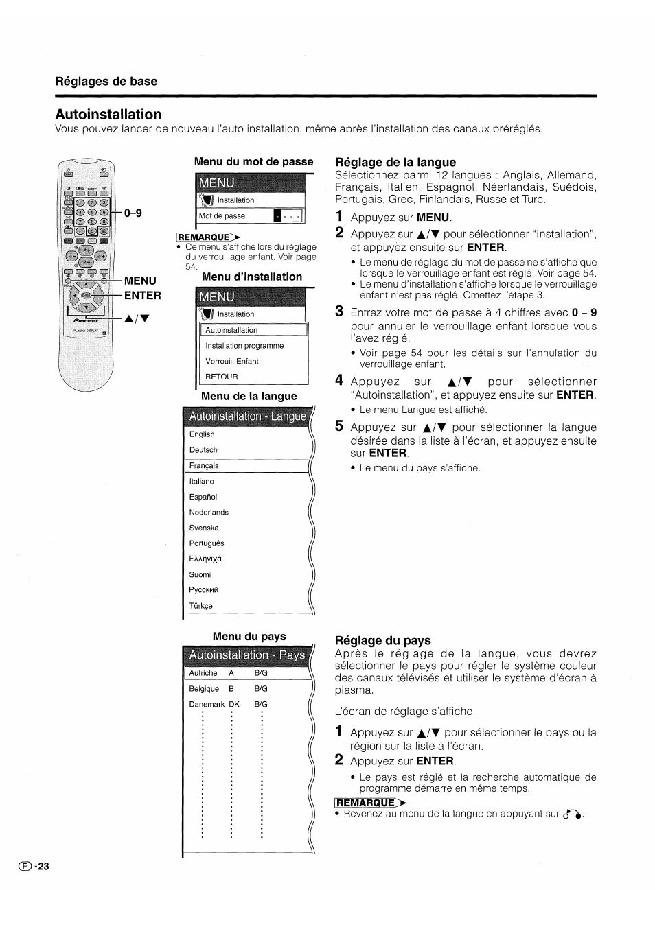 Autoinstallation, Réglage de la langue, Réglage du pays | Réglage de la langue réglage du pays | Pioneer PDP-503HDE User Manual | Page 90 / 196