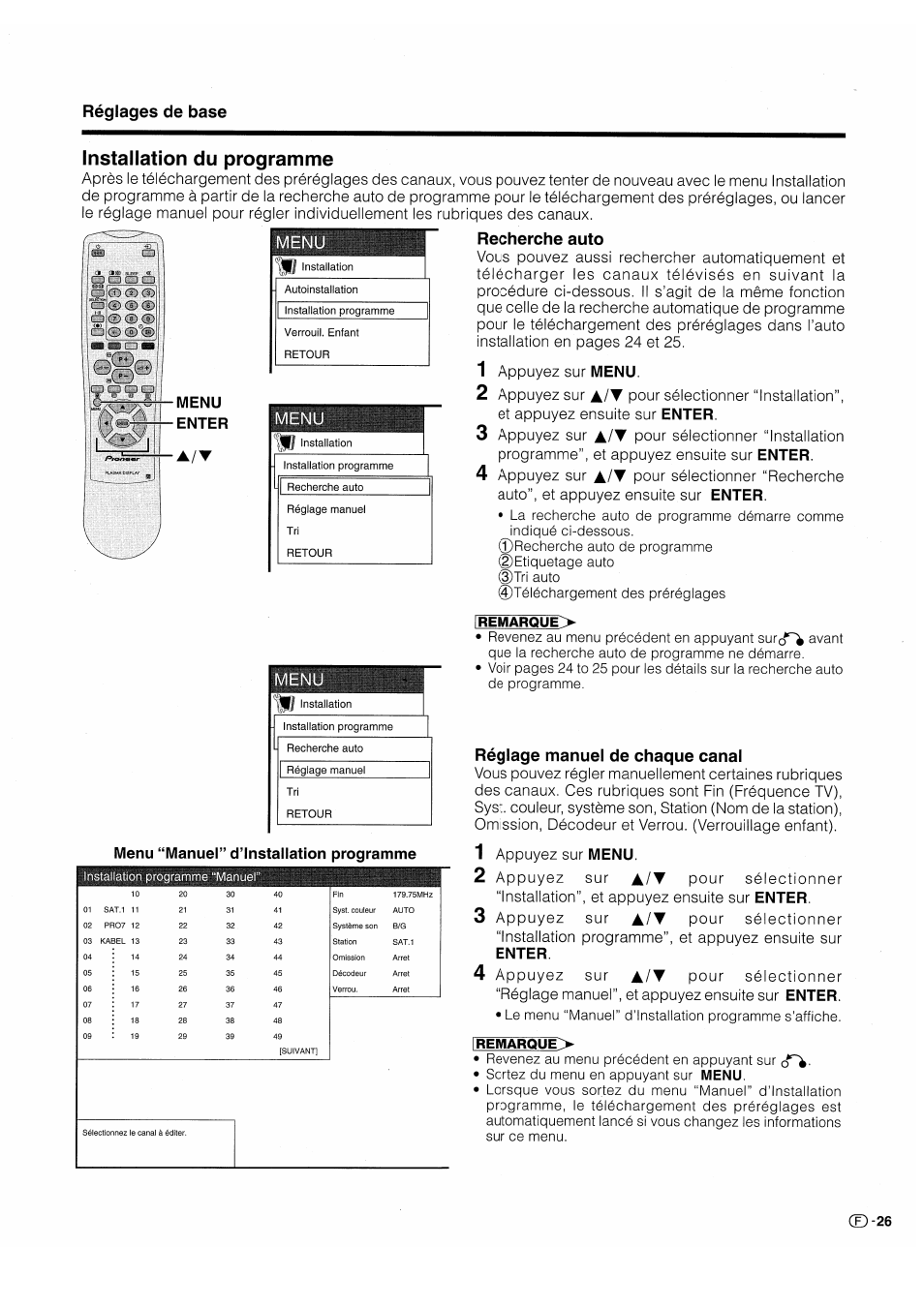 Installation du programme, Recherche auto, Réglage manuel de chaque canal | Recherche auto réglage manuel de chaque canal, Réglages de base, A / t | Pioneer PDP-503HDE User Manual | Page 93 / 196