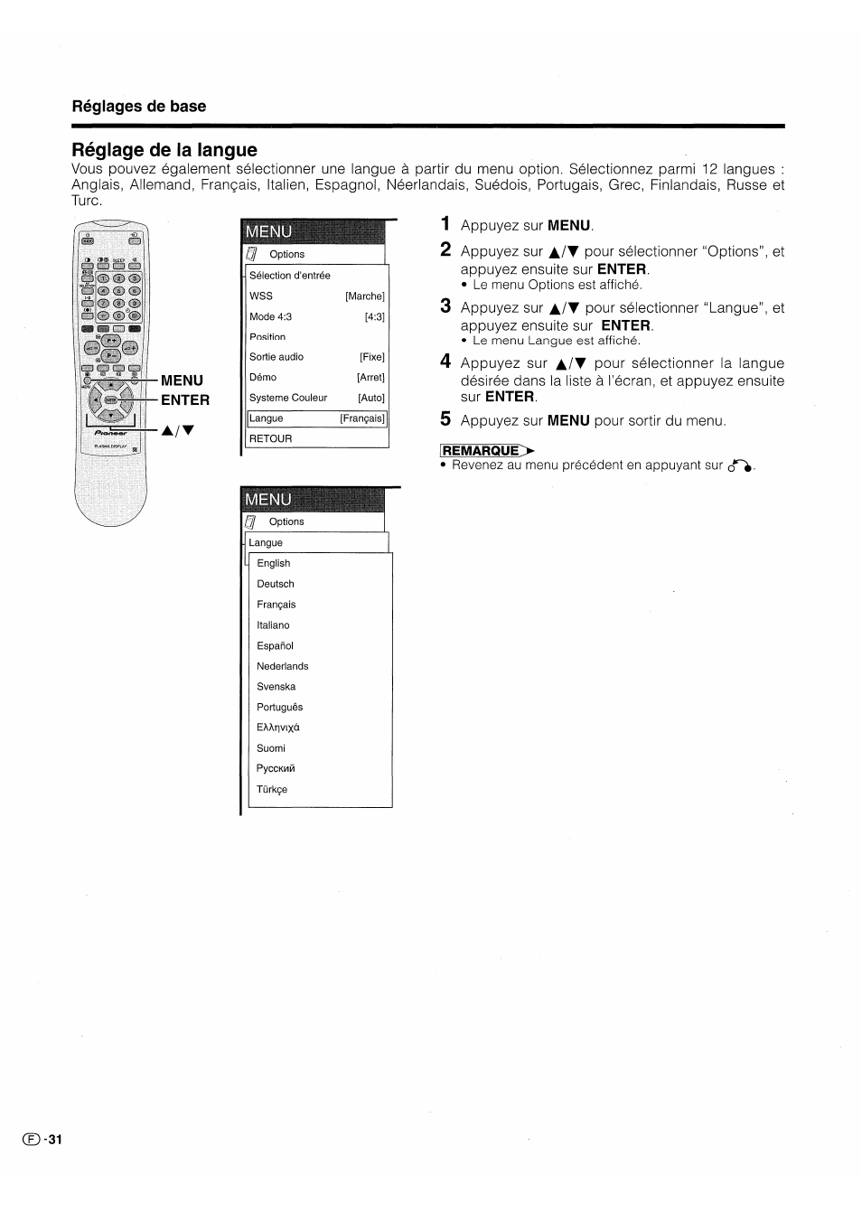 Réglage de la langue, Menu | Pioneer PDP-503HDE User Manual | Page 98 / 196
