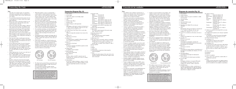 Connecting the units <english, Conexión de las unidades <español, Connection diagram (fig. 12) | Diagrama de conexión (fig. 12) | Pioneer DEH-P4500R User Manual | Page 6 / 8