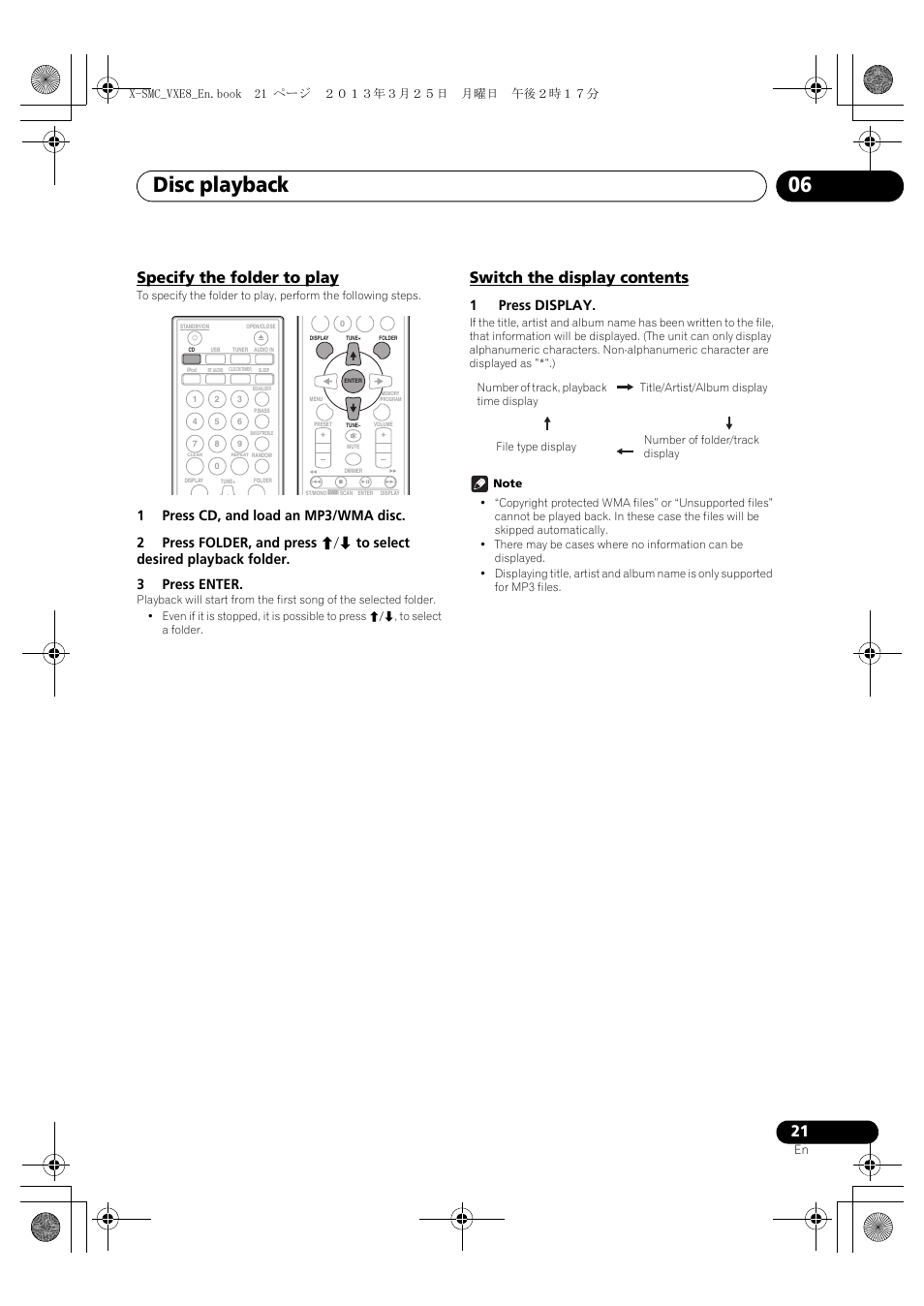 Specify the folder to play, Switch the display contents, Disc playback 06 | 1press display | Pioneer X-SMC00DAB-W User Manual | Page 21 / 36