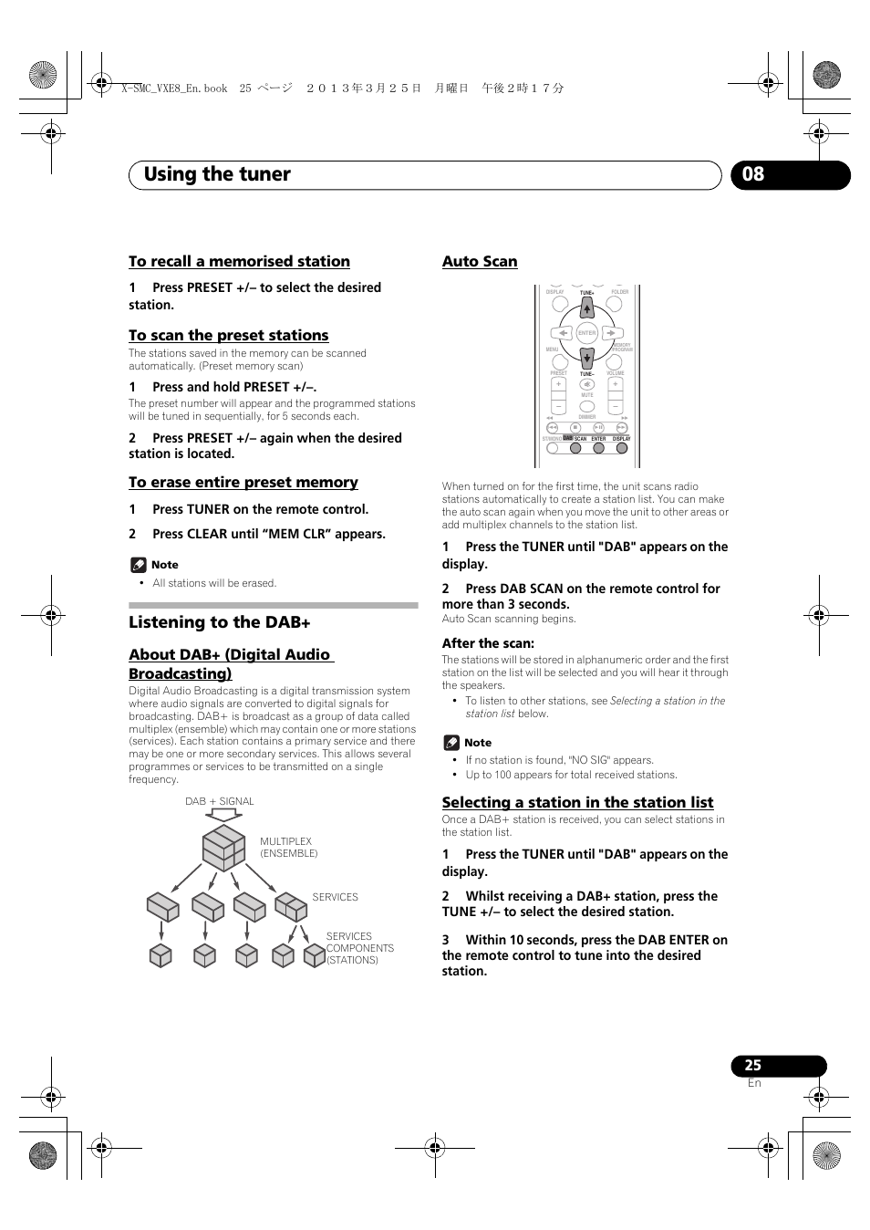 To recall a memorised station, To scan the preset stations, To erase entire preset memory | Listening to the dab, About dab+ (digital audio broadcasting), Auto scan, Selecting a station in the station list, Using the tuner 08 | Pioneer X-SMC00DAB-W User Manual | Page 25 / 36