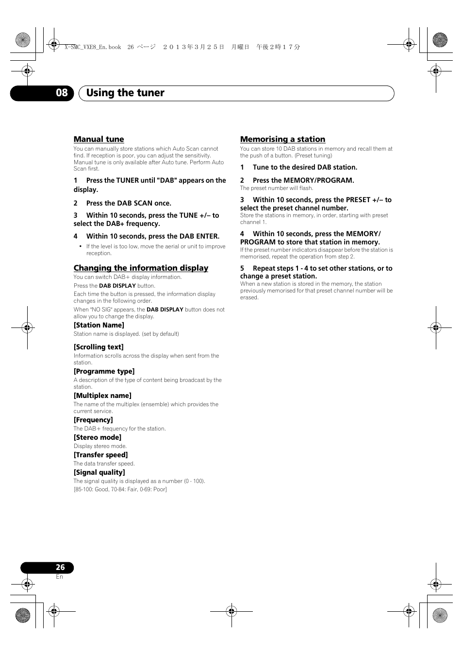 Manual tune, Changing the information display, Memorising a station | Using the tuner 08 | Pioneer X-SMC00DAB-W User Manual | Page 26 / 36