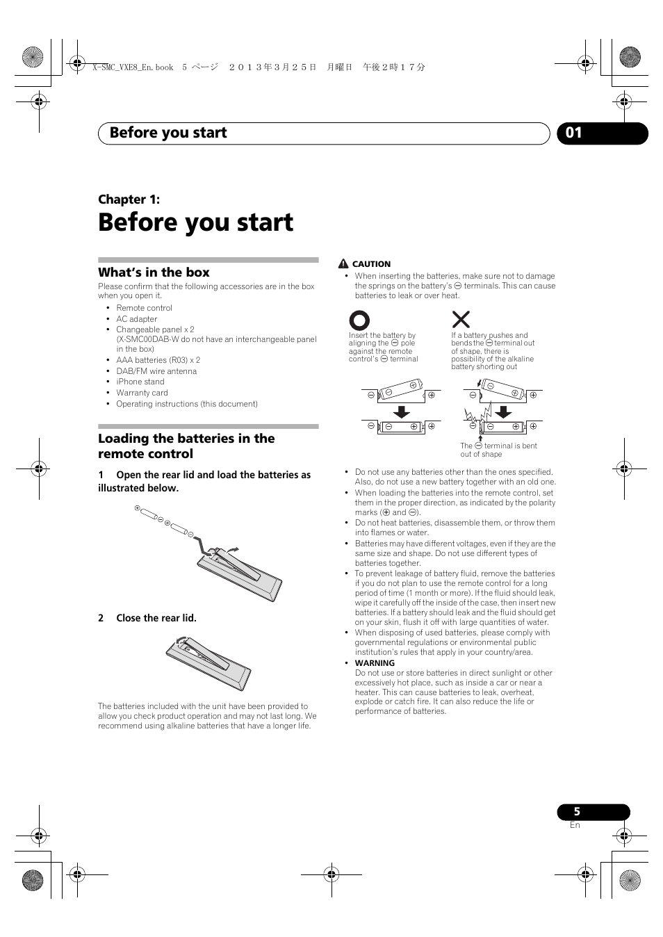 01 before you start, What’s in the box, Loading the batteries in the remote control | Before you start, Before you start 01, Chapter 1 | Pioneer X-SMC00DAB-W User Manual | Page 5 / 36