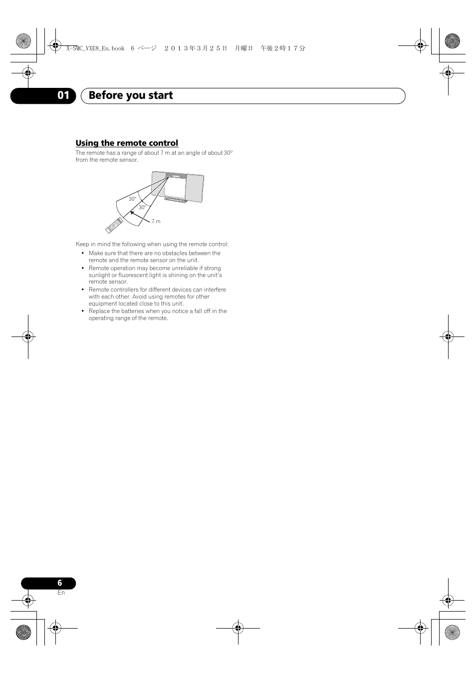 Using the remote control, Before you start 01 | Pioneer X-SMC00DAB-W User Manual | Page 6 / 36