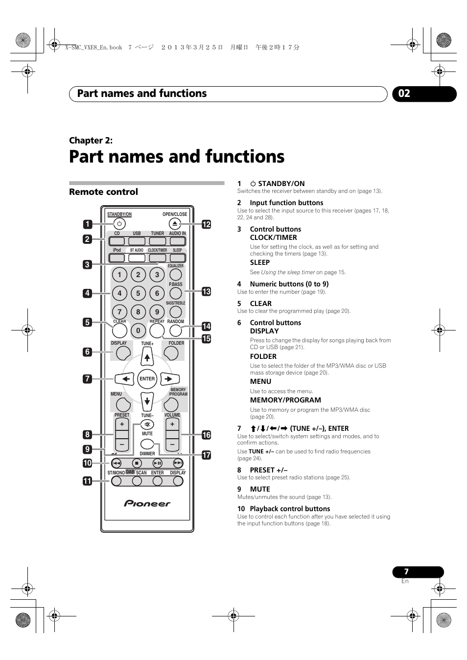 02 part names and functions, Remote control, Part names and functions | Part names and functions 02, Chapter 2 | Pioneer X-SMC00DAB-W User Manual | Page 7 / 36