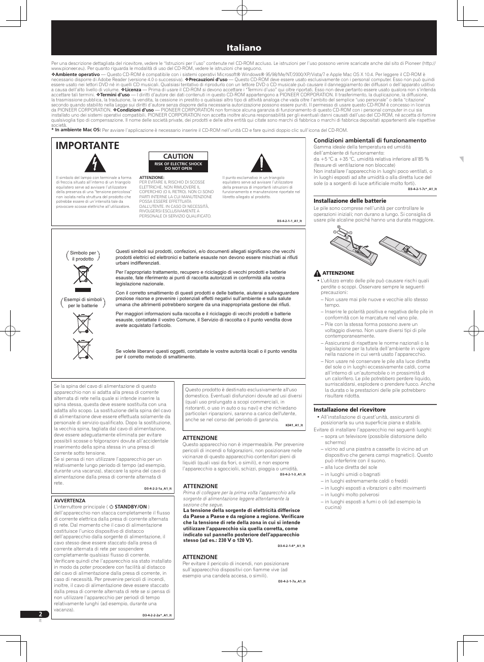 Guida di avvio rapido, Sintoamplificatore av, Importante | Italiano, Caution | Pioneer VSX-322-K User Manual | Page 10 / 32