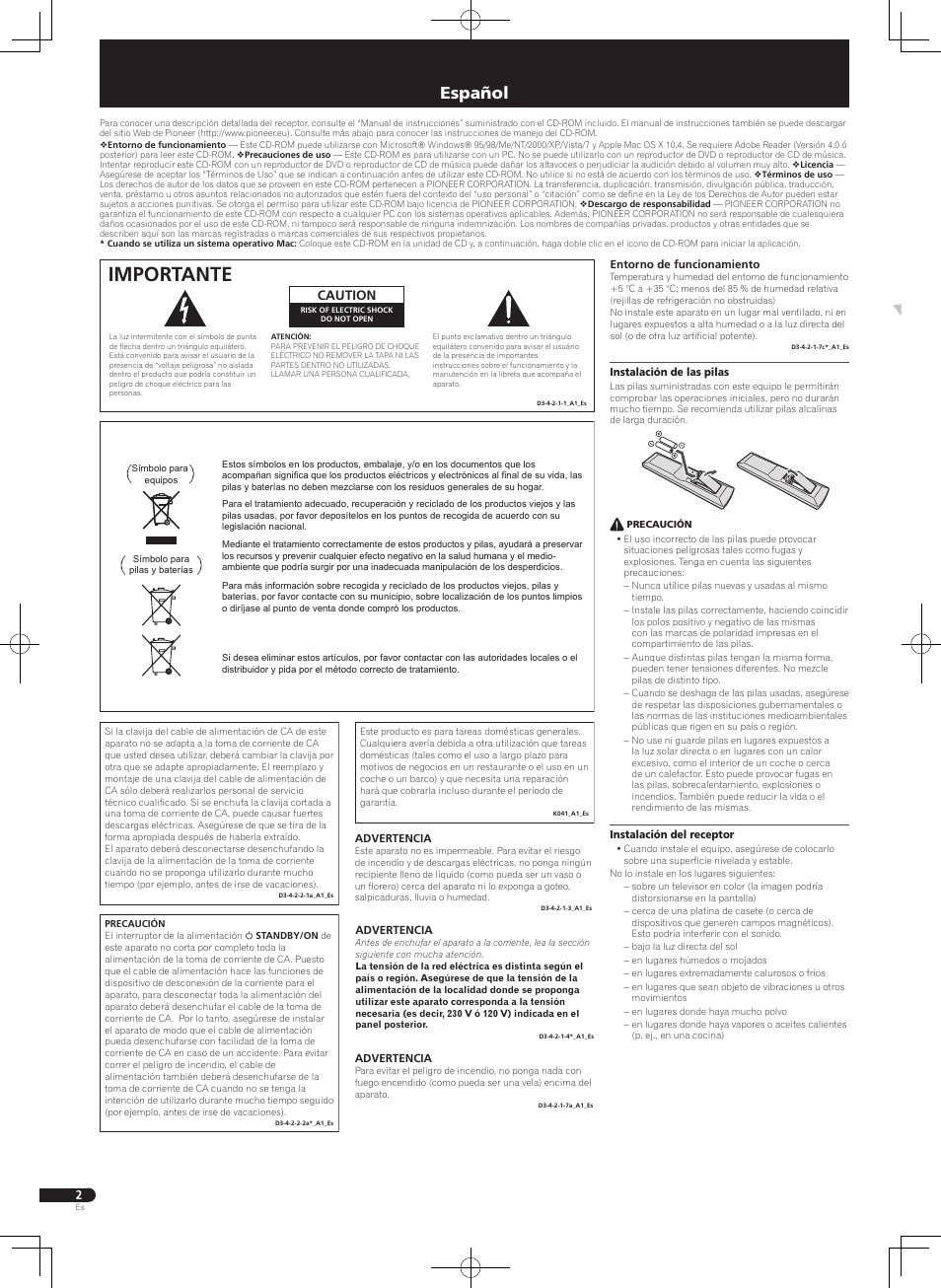 Guía de inicio rápido, Receptor av, Importante | Español, Caution | Pioneer VSX-322-K User Manual | Page 18 / 32