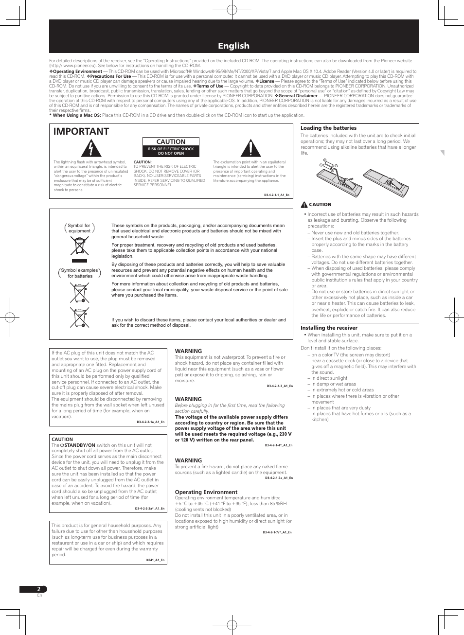 Quick start guide, Av receiver, Important | English, Caution | Pioneer VSX-322-K User Manual | Page 2 / 32