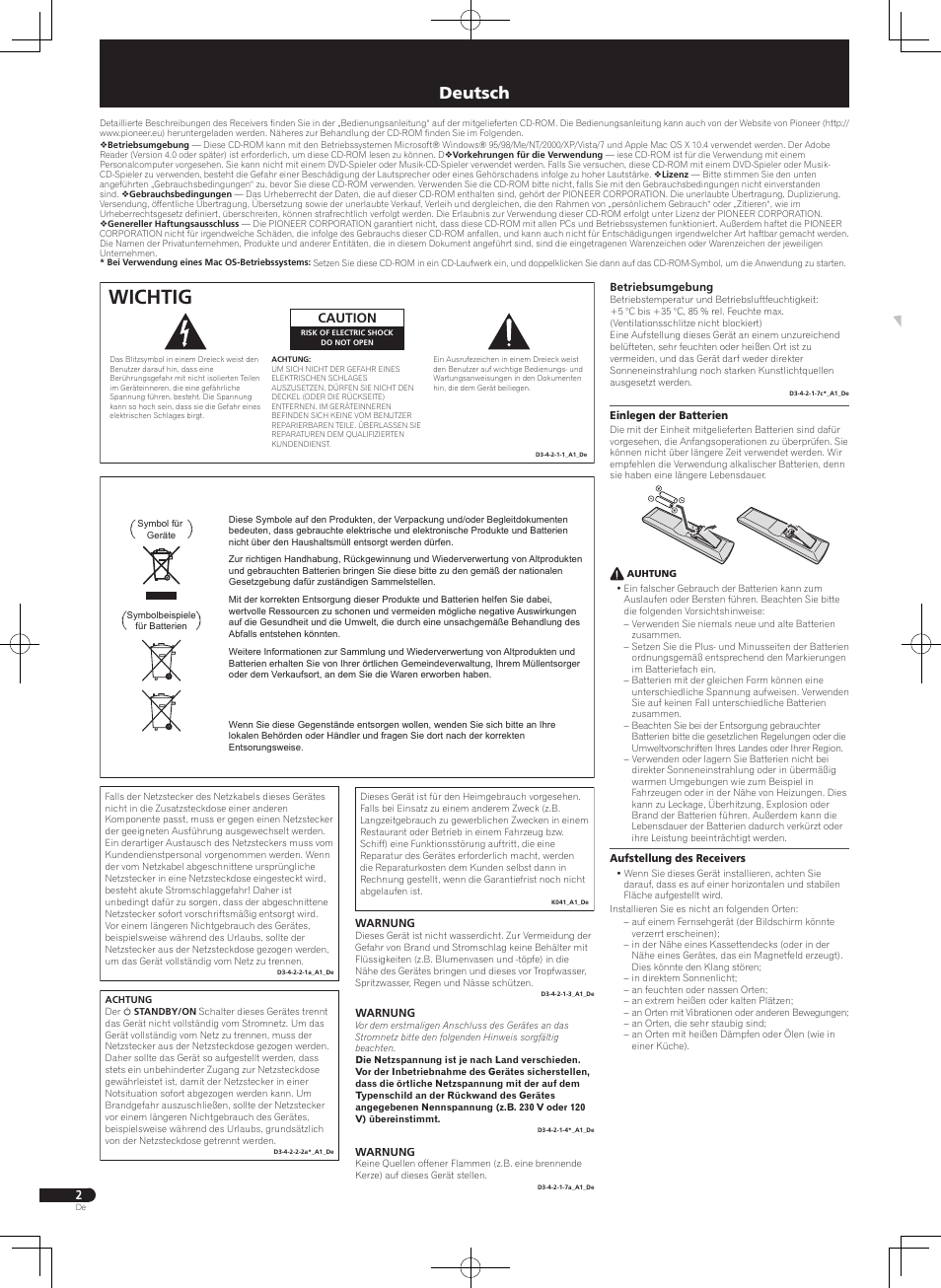 Kurzanleitung, Av receiver, Wichtig | Deutsch, Caution | Pioneer VSX-322-K User Manual | Page 22 / 32