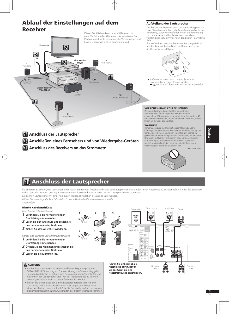 Anschluss der lautsprecher, Ablauf der einstellungen auf dem receiver, Aufstellung der lautsprecher | Pioneer VSX-322-K User Manual | Page 23 / 32