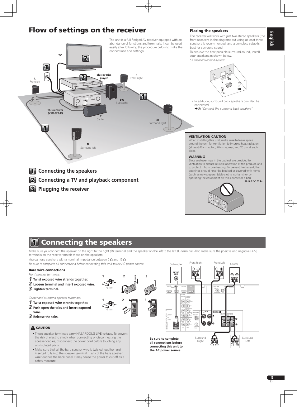 Connecting the speakers, Flow of settings on the receiver, Placing the speakers | Pioneer VSX-322-K User Manual | Page 3 / 32