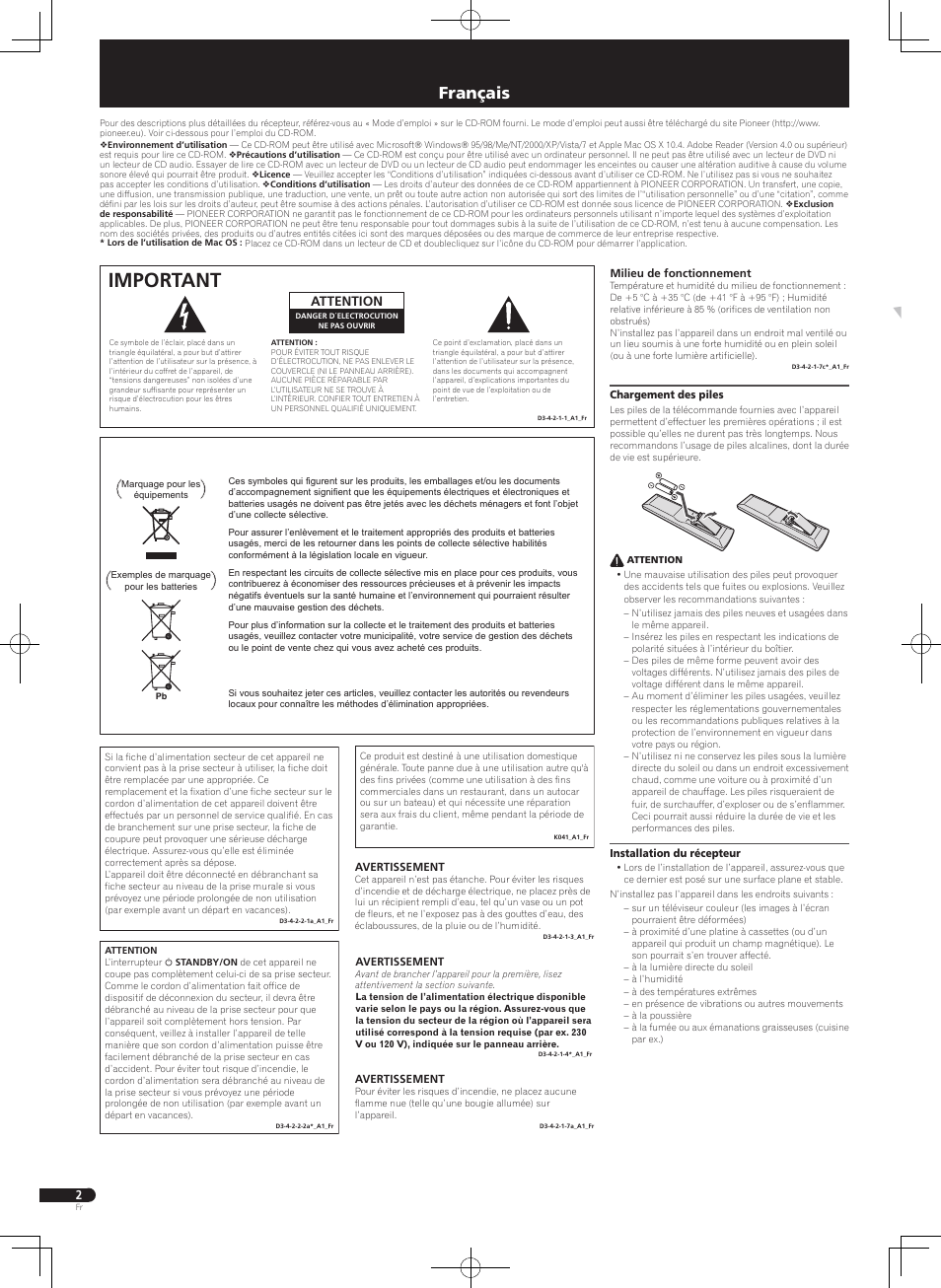 Guide rapide, Amplificateur av, Important | Français, Attention | Pioneer VSX-322-K User Manual | Page 6 / 32