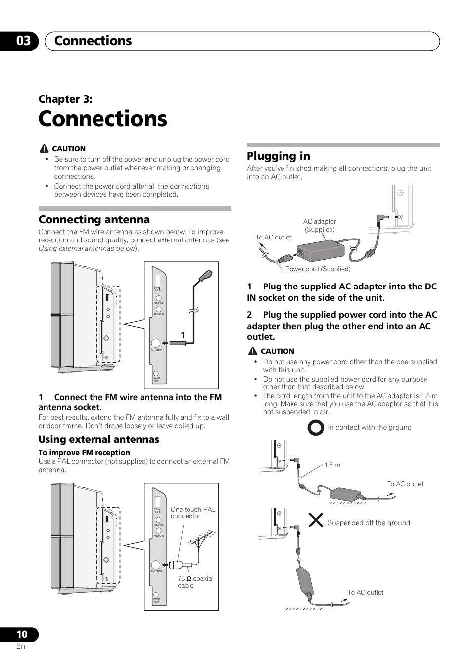 03 connections, Connecting antenna, Using external antennas | Plugging in, Connections, Connections 03, Chapter 3 | Pioneer X-SMC11-S User Manual | Page 10 / 37