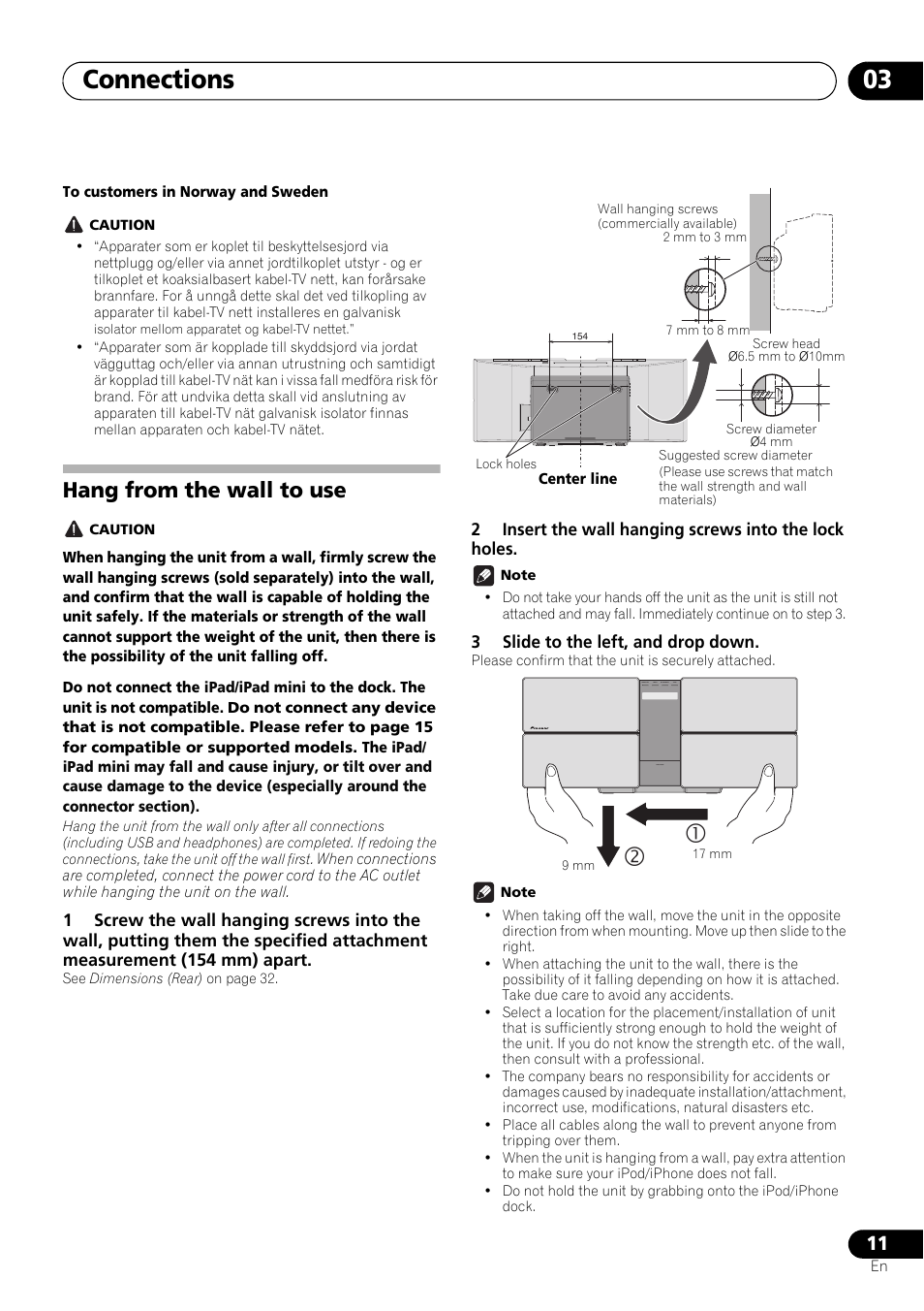 Hang from the wall to use, Connections 03 | Pioneer X-SMC11-S User Manual | Page 11 / 37