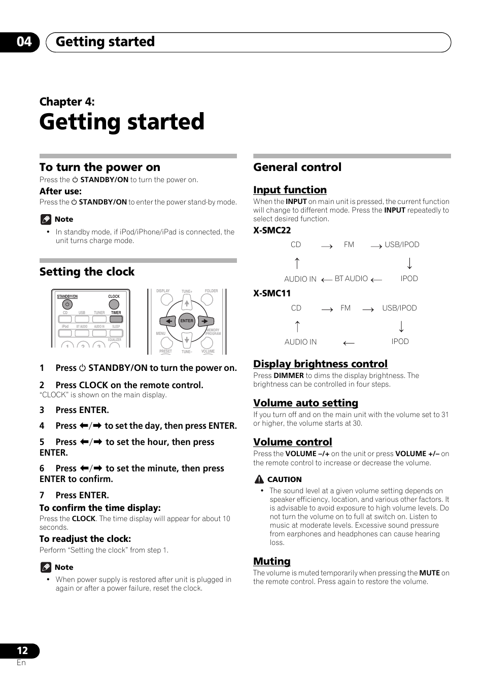 04 getting started, To turn the power on, Setting the clock | General control, Input function, Display brightness control, Volume auto setting, Volume control, Muting, Getting started | Pioneer X-SMC11-S User Manual | Page 12 / 37