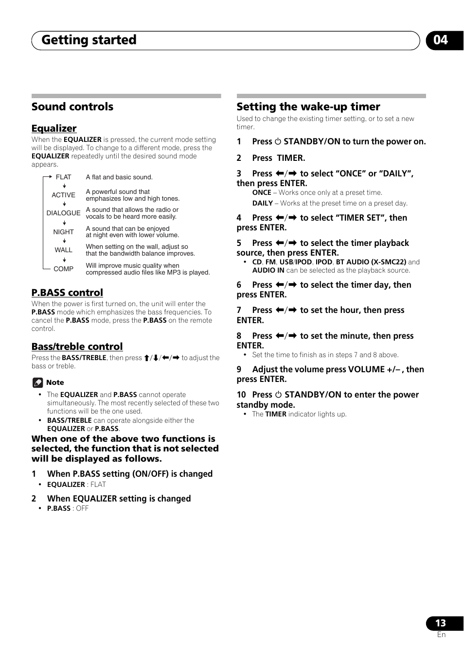 Sound controls, Equalizer, P.bass control | Bass/treble control, Setting the wake-up timer, Getting started 04 | Pioneer X-SMC11-S User Manual | Page 13 / 37