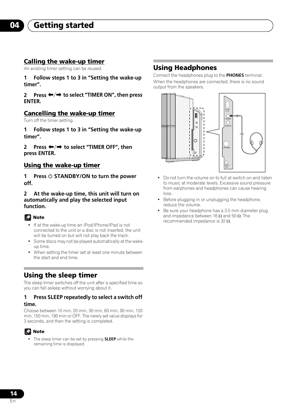Calling the wake-up timer, Cancelling the wake-up timer, Using the wake-up timer | Using the sleep timer, Using headphones, Getting started 04 | Pioneer X-SMC11-S User Manual | Page 14 / 37