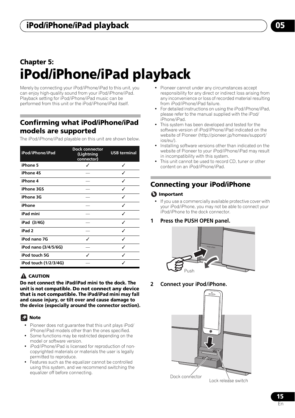 05 ipod/iphone/ipad playback, Confirming what ipod/iphone/ipad models are, Supported | Connecting your ipod/iphone, Ipod/iphone/ipad playback, Ipod/iphone/ipad playback 05, Chapter 5 | Pioneer X-SMC11-S User Manual | Page 15 / 37