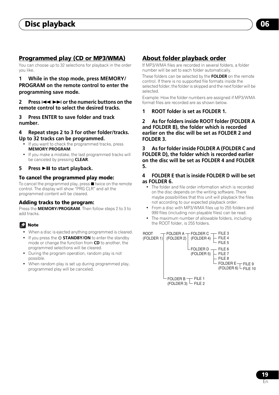 Programmed play (cd or mp3/wma), About folder playback order, Disc playback 06 | Pioneer X-SMC11-S User Manual | Page 19 / 37