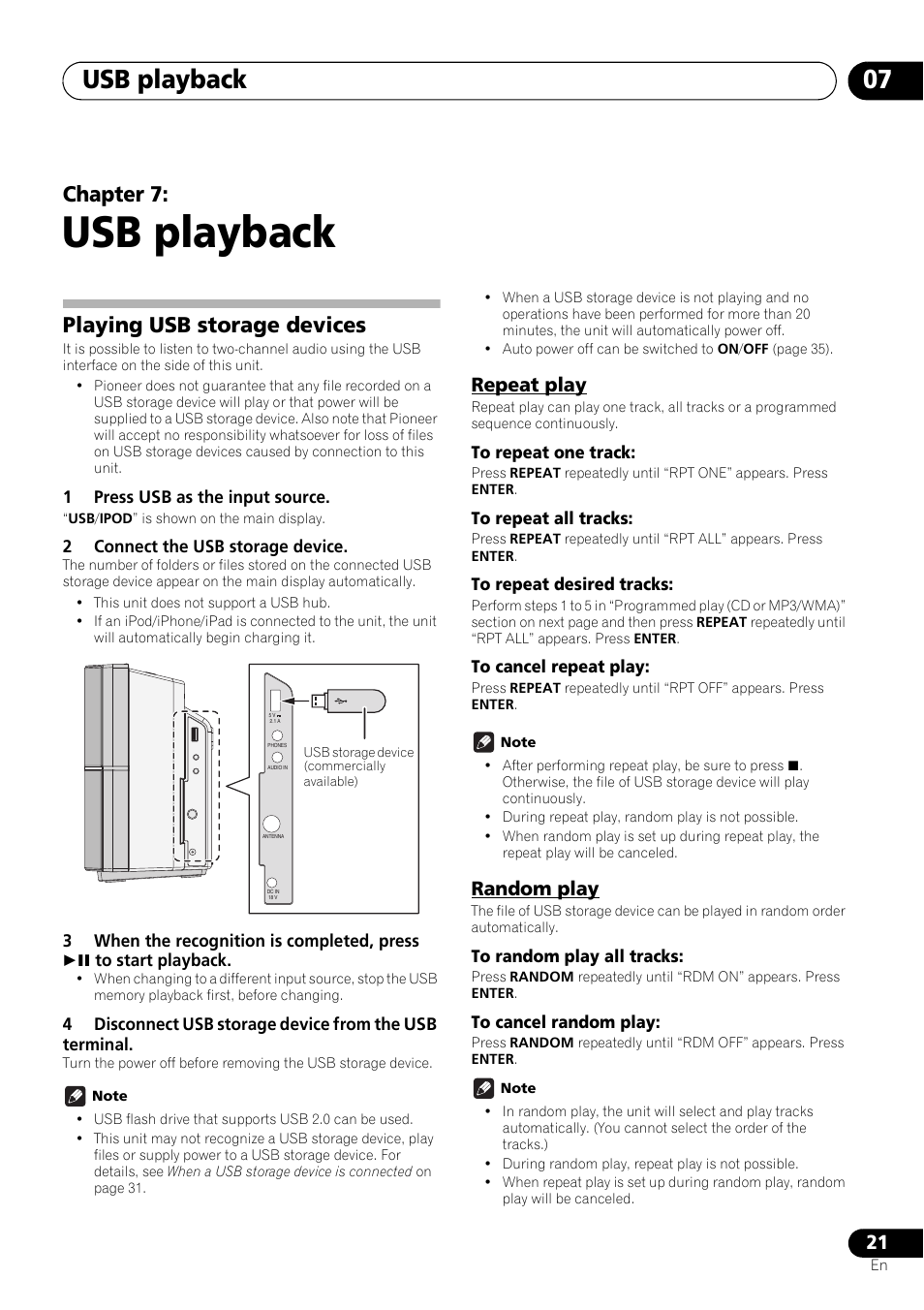 07 usb playback, Playing usb storage devices, Repeat play | Random play, Usb playback, Usb playback 07, Chapter 7 | Pioneer X-SMC11-S User Manual | Page 21 / 37