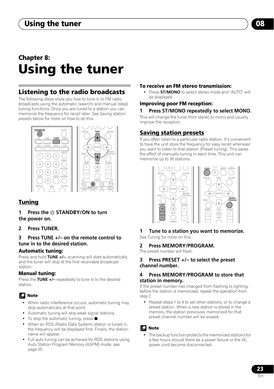 08 using the tuner, Listening to the radio broadcasts, Tuning | Saving station presets, Using the tuner, Using the tuner 08, Chapter 8, Manual tuning | Pioneer X-SMC11-S User Manual | Page 23 / 37