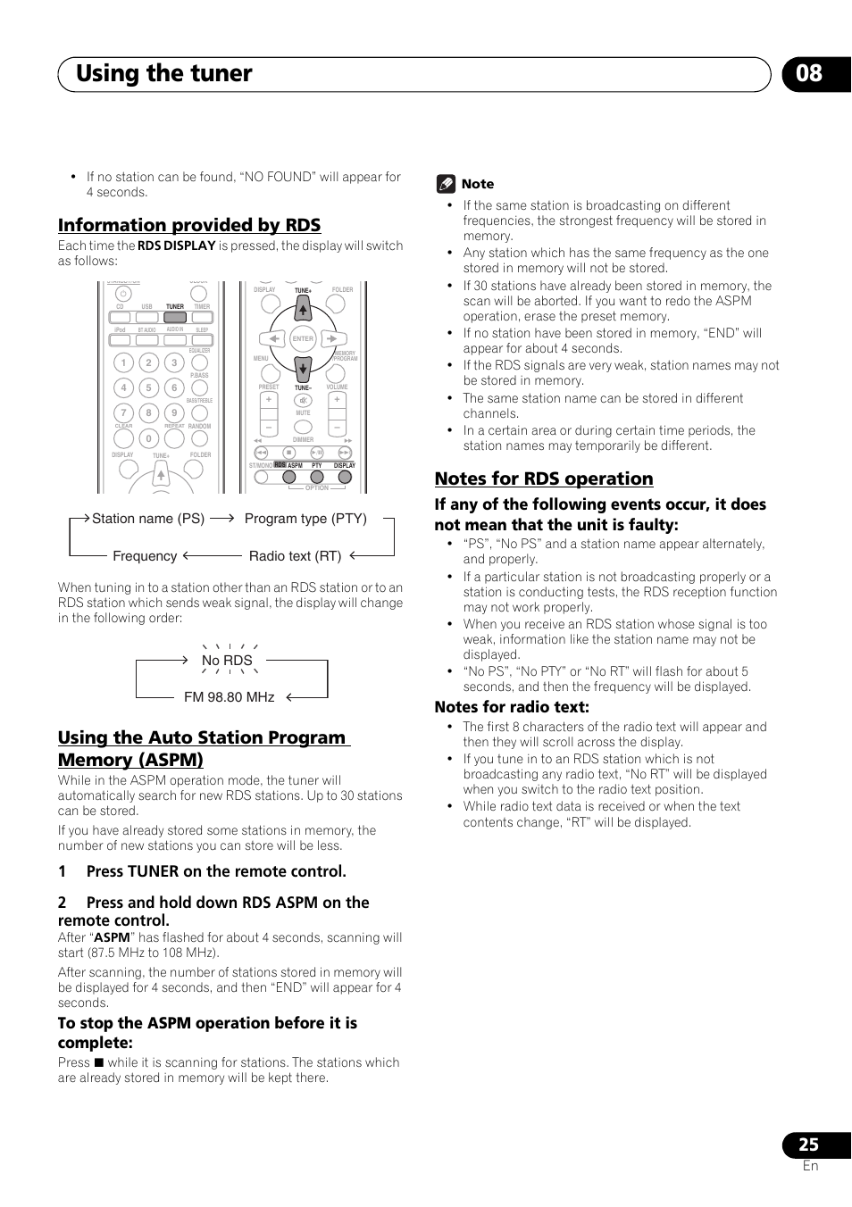 Information provided by rds, Using the auto station program memory (aspm), Notes for rds operation | Using the tuner 08 | Pioneer X-SMC11-S User Manual | Page 25 / 37